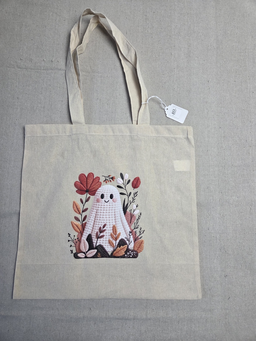 Cream Canvas Tote with Cute Ghost & Floral Embroidery